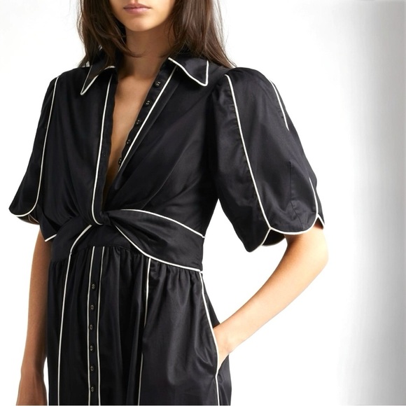 Farm Rio Contrasting-Trim Puff Short Sleeve Button Down Midi Dress Small NEW - Picture 12 of 16